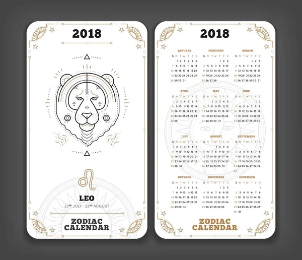 Leo 2018 år zodiac kalender ficka storlek lodrät layout dubbel sida vit färg design stil vektorillustration koncept — Stock vektor