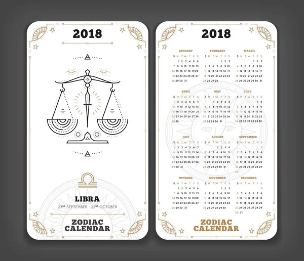 Libra 2018 år zodiac kalender ficka storlek lodrät layout dubbel sida vit färg design stil vektorillustration koncept — Stock vektor