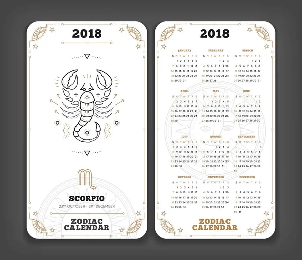 Scorpio 2018 år zodiac kalender ficka storlek lodrät layout dubbel sida vit färg design stil vektorillustration koncept — Stock vektor