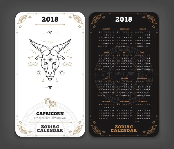 Steinbock 2018 Jahr Tierkreis Kalender Taschengröße vertikales Layout doppelte Seite schwarz und weiß Farbe Design Stil Vektor Konzept Illustration — Stockvektor