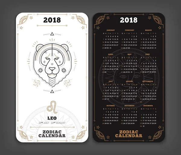 Leo 2018 ano zodíaco calendário bolso tamanho vertical layout Duplo lado preto e branco cor design estilo vetor conceito ilustração — Vetor de Stock
