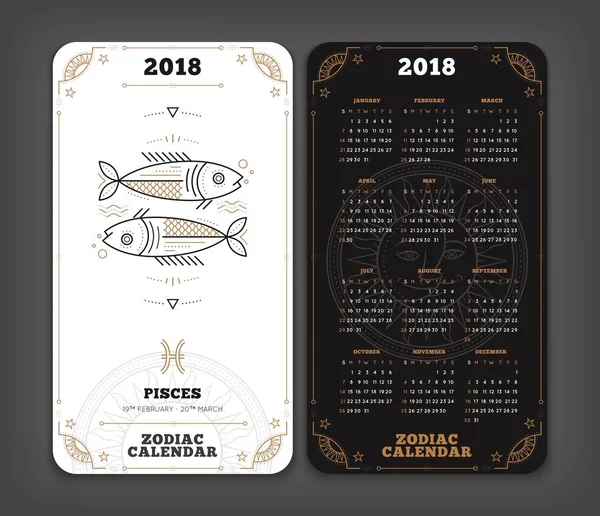 Poissons 2018 année zodiaque calendrier poche taille disposition verticale Double face noir et blanc design couleur style vectoriel concept illustration — Image vectorielle