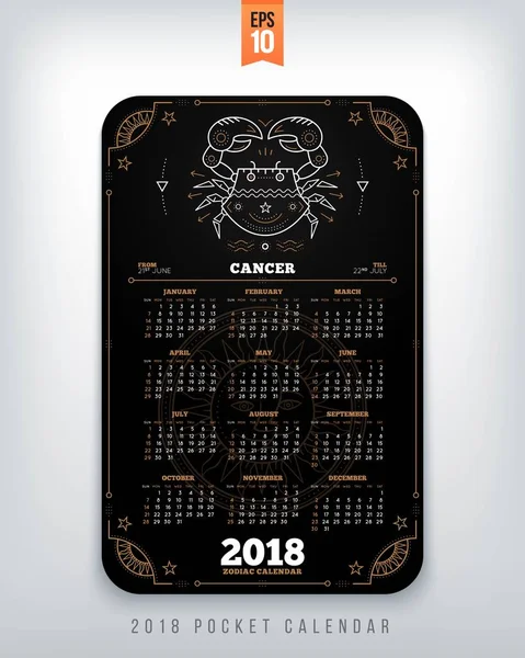 Cancer 2018 année zodiaque calendrier poche taille verticale disposition Noir couleur conception style vectoriel concept illustration — Image vectorielle