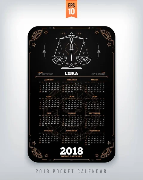 Waage 2018 Jahr Tierkreis Kalender Taschengröße vertikales Layout schwarze Farbe Design Stil Vektor Konzept Illustration — Stockvektor