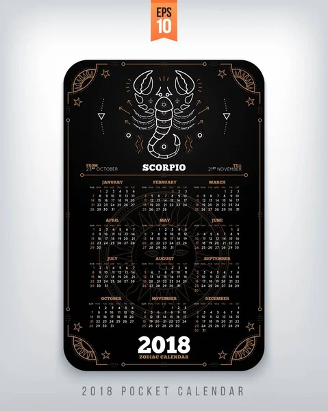 Skorpion 2018 Jahr Tierkreis Kalender Taschengröße vertikale Anordnung schwarze Farbe Design Stil Vektor Konzept Illustration — Stockvektor