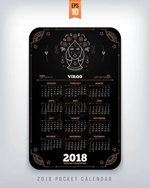 Vierge 2018 année zodiaque calendrier taille de poche disposition verticale couleur noire design style vectoriel concept illustration — Image vectorielle