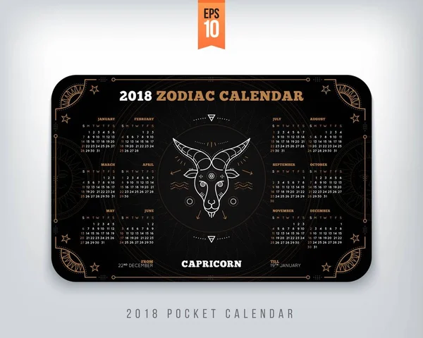 Capricorno 2018 anno zodiaco calendario formato tascabile layout orizzontale colore nero design stile vettoriale concetto illustrazione — Vettoriale Stock