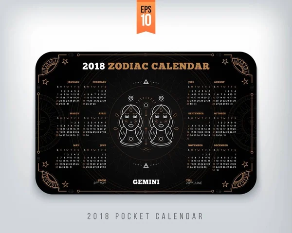 Δίδυμοι 2018 έτος Ζωδιακό ημερολόγιο τσέπης μέγεθος οριζόντια διάταξη μαύρο χρώμα σχεδιασμό στυλ έννοια εικονογράφηση φορέα — Διανυσματικό Αρχείο