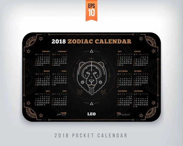 Leo 2018 έτος Ζωδιακό ημερολόγιο τσέπης μέγεθος οριζόντια διάταξη μαύρο χρώμα σχεδιασμό στυλ έννοια εικονογράφηση φορέα — Διανυσματικό Αρχείο