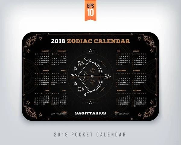 Sagitário 2018 ano zodíaco calendário bolso tamanho horizontal layout preto cor design estilo vetor conceito ilustração — Vetor de Stock