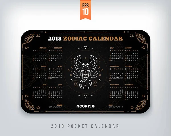 Σκορπιός 2018 έτος Ζωδιακό ημερολόγιο τσέπης μέγεθος οριζόντια διάταξη μαύρο χρώμα σχεδιασμό στυλ έννοια εικονογράφηση φορέα — Διανυσματικό Αρχείο