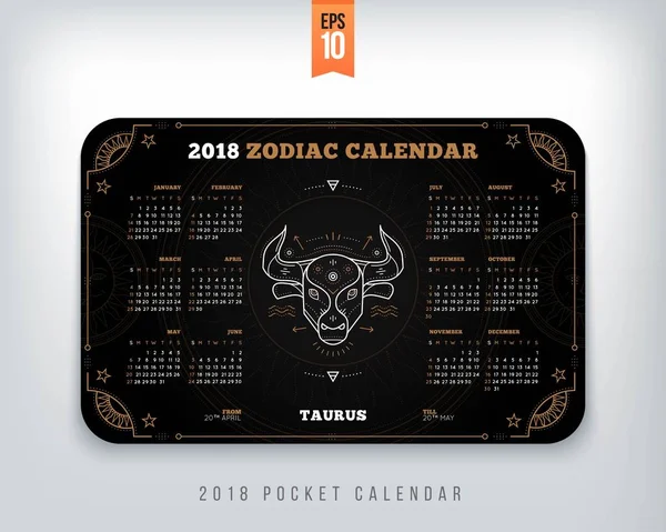 Taurus 2018 år zodiac kalender ficka storlek vågrät layout svart färg design stil konceptet vektorillustration — Stock vektor