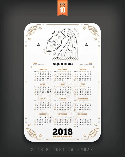 Aquarius 2018 année zodiaque calendrier poche taille verticale disposition blanc couleur conception style vectoriel concept illustration — Image vectorielle