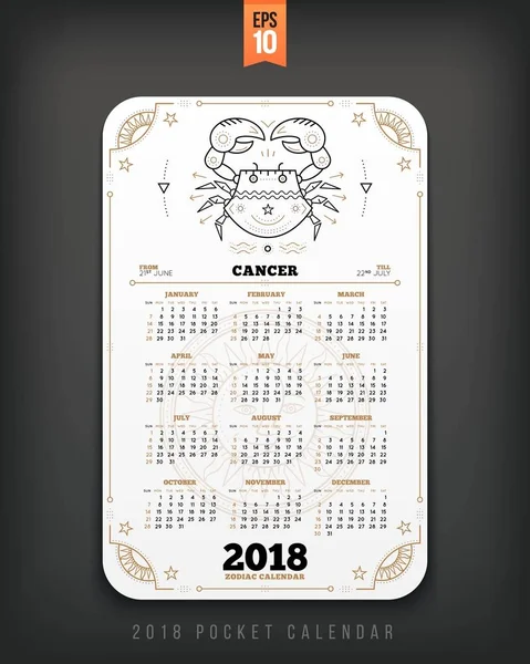Cancer 2018 année zodiaque calendrier poche taille verticale disposition blanc couleur conception style vectoriel concept illustration — Image vectorielle