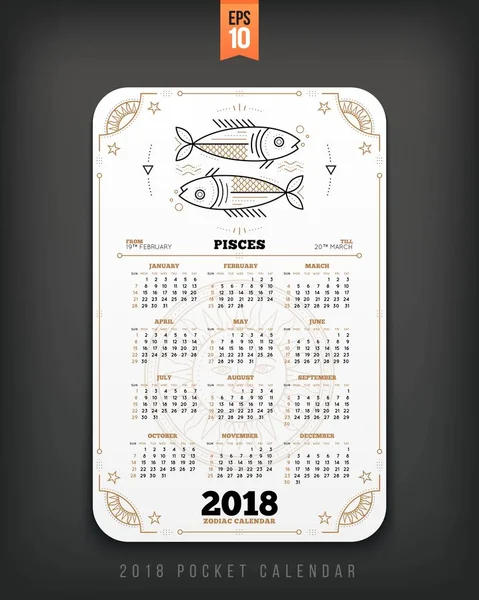 Poissons 2018 année zodiaque calendrier poche taille disposition verticale blanc couleur conception style vectoriel concept illustration — Image vectorielle