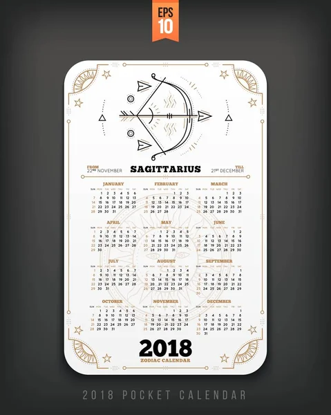 Sagittarius 2018 Jahr Tierkreis Kalender Taschengröße vertikale Anordnung weiße Farbe Design Stil Vektor Konzept Illustration — Stockvektor