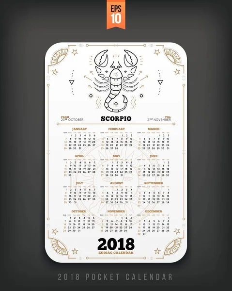 Scorpion 2018 année zodiaque calendrier poche taille verticale disposition blanc couleur conception style vectoriel concept illustration — Image vectorielle