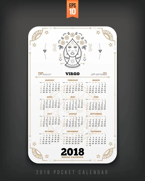 Jungfrau 2018 Jahr Tierkreis Kalender Taschengröße vertikale Anordnung weiße Farbe Design Stil Vektor Konzept Illustration — Stockvektor