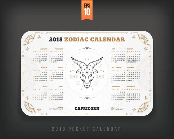 Capricórnio 2018 ano zodíaco calendário bolso tamanho horizontal layout Branco cor design estilo vetor conceito ilustração — Vetor de Stock