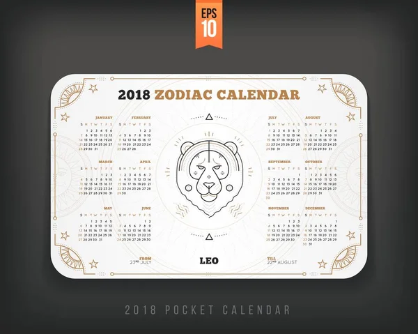 Leo 2018 jahr tierkreis kalender taschengröße horizontal anordnung weiß farbe design stil vektor konzept illustration — Stockvektor