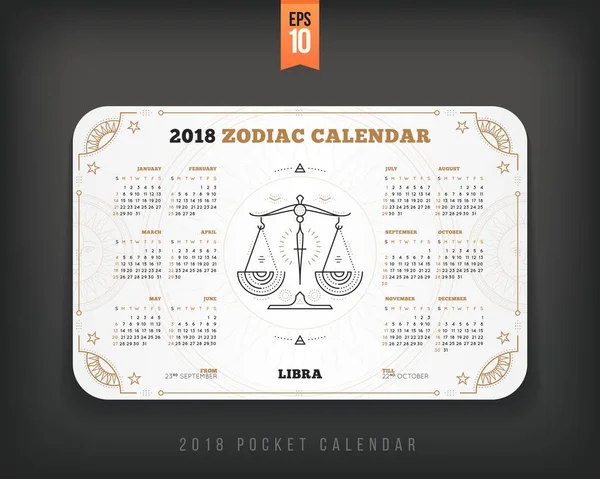 Libra 2018 έτος Ζωδιακό ημερολόγιο τσέπης μέγεθος οριζόντια διάταξη λευκό χρώμα σχεδιασμό στυλ έννοια εικονογράφηση φορέα — Διανυσματικό Αρχείο
