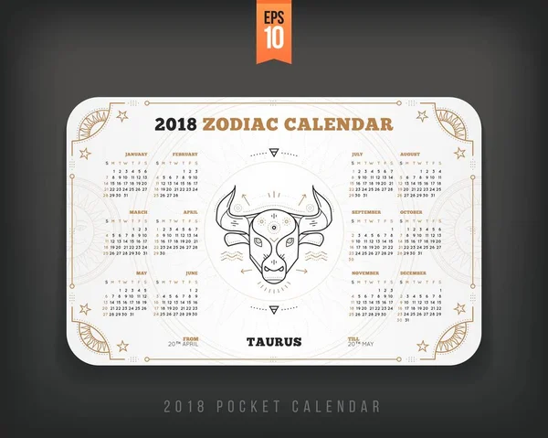 Taurus 2018 jaar dierenriem kalender pocket formaat horizontale indeling witte kleur ontwerp stijl concept vectorillustratie — Stockvector