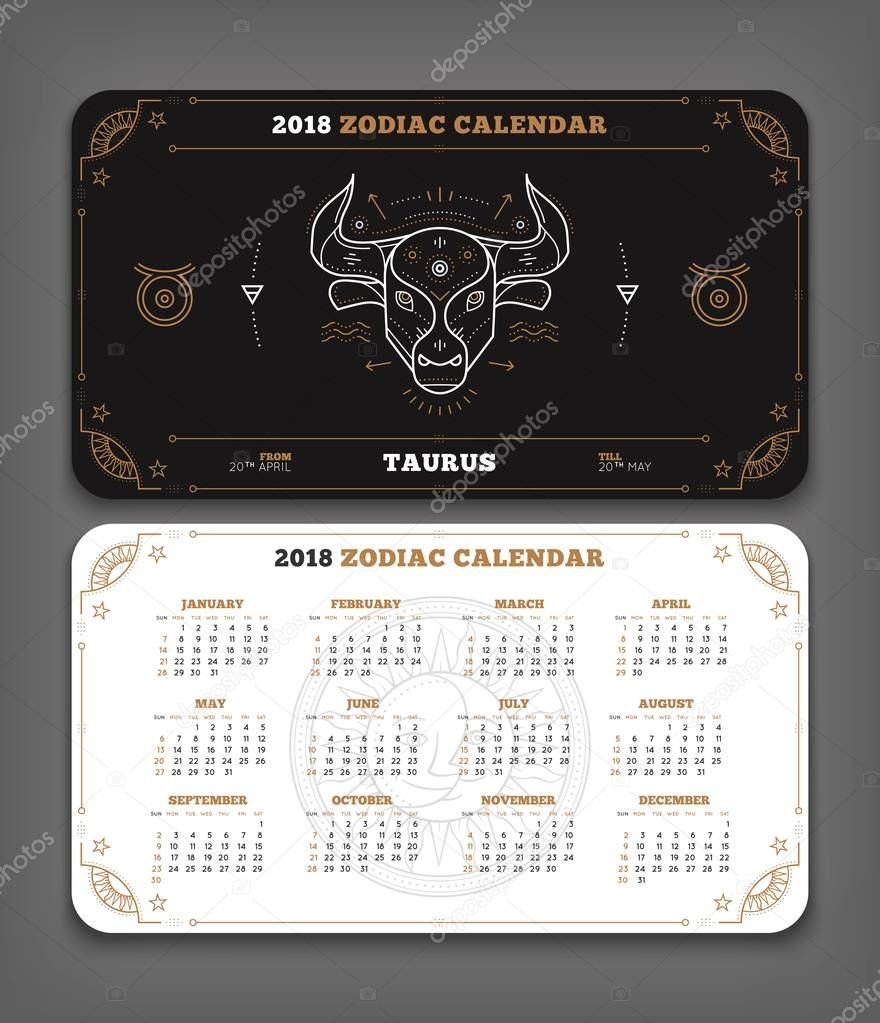 Taurus 2018 year zodiac calendar pocket size horizontal layout Double side black and white color design style vector concept illustration