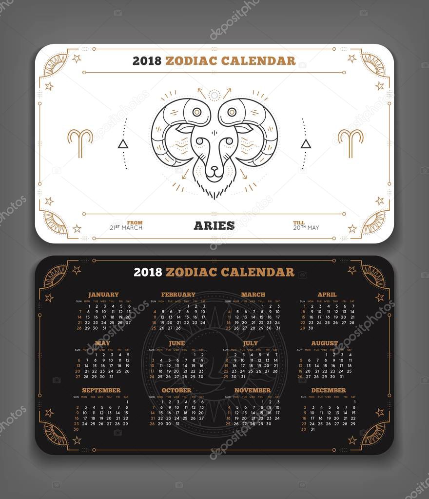 Aries 2018 year zodiac calendar pocket size horizontal layout Double side black and white color design style vector concept illustration