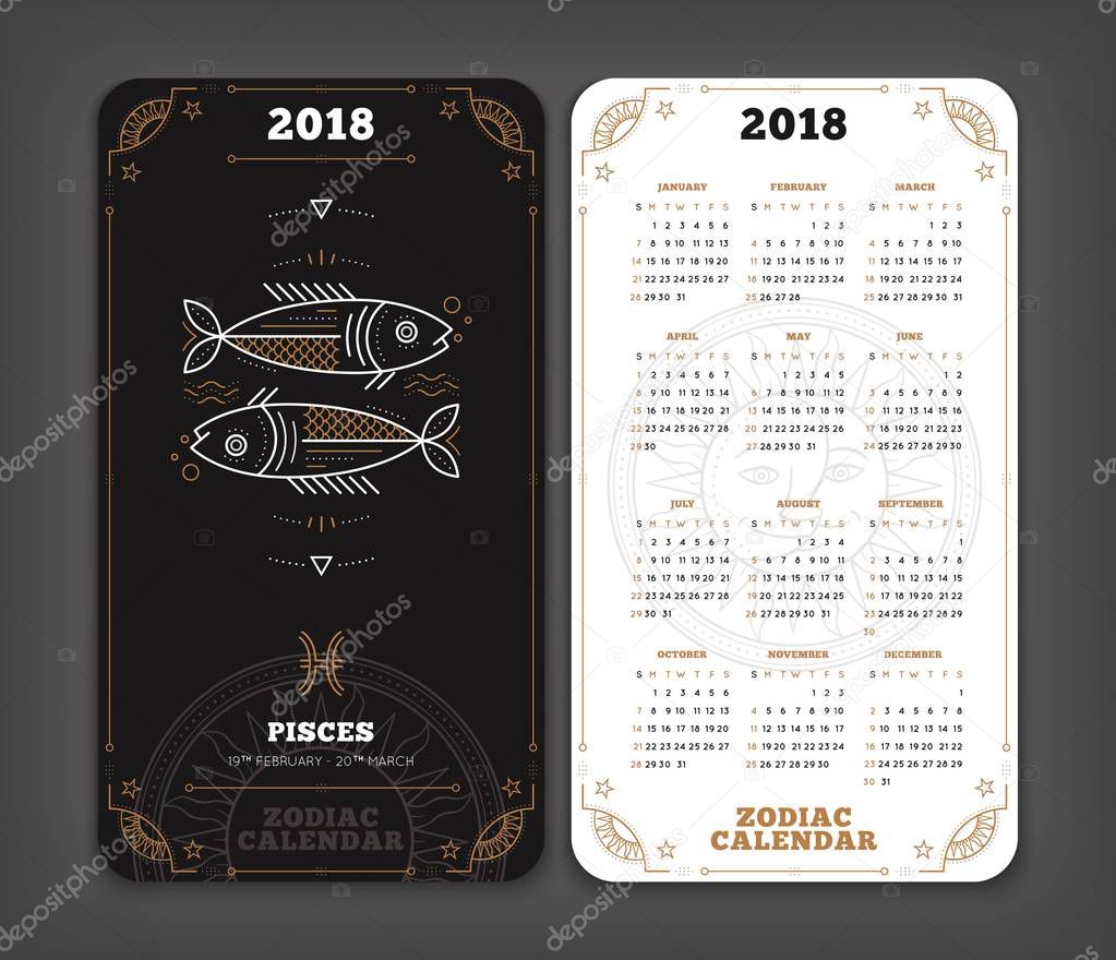 Pisces 2018 year zodiac calendar pocket size vertical layout Double side black and white color design style vector concept illustration