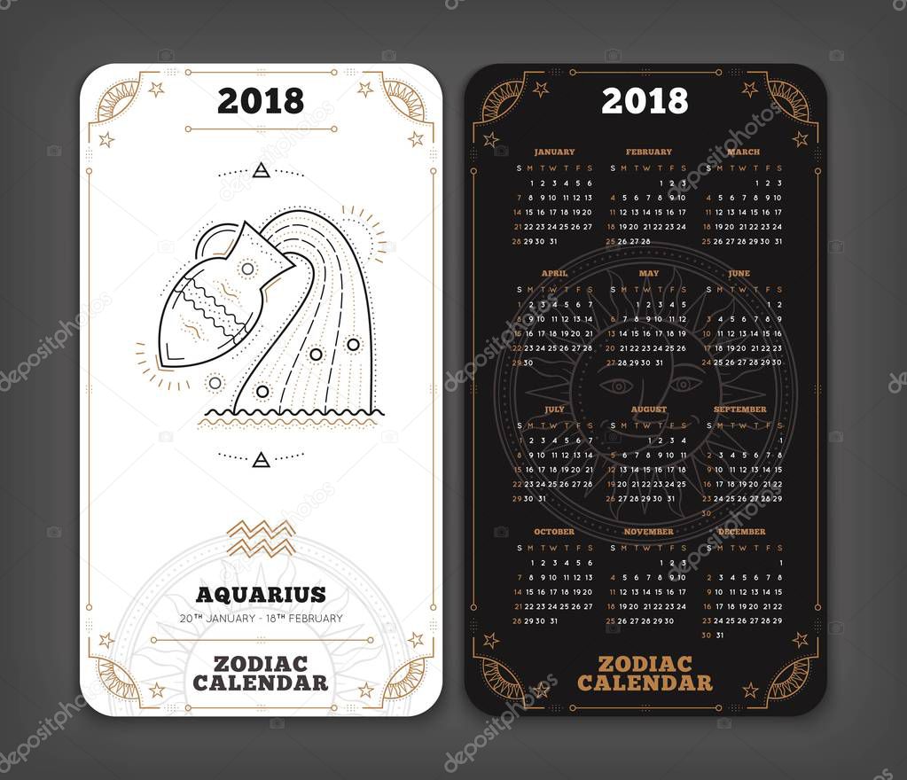 Aquarius 2018 year zodiac calendar pocket size vertical layout Double side black and white color design style vector concept illustration