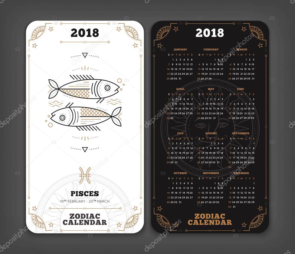 Pisces 2018 year zodiac calendar pocket size vertical layout Double side black and white color design style vector concept illustration