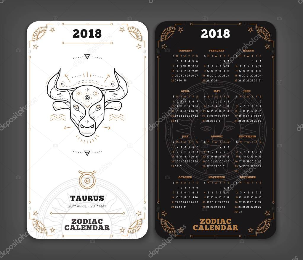 Taurus 2018 year zodiac calendar pocket size vertical layout Double side black and white color design style vector concept illustration