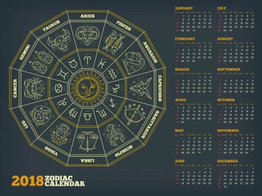 Zodyak daire 2018 yıl takvim poster vektör çizim