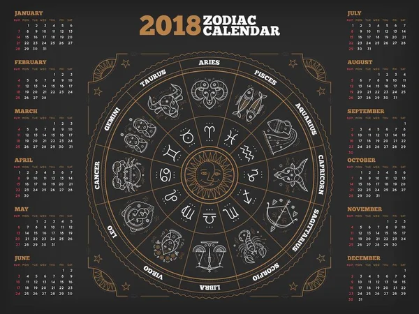 Círculo do zodíaco 2018 ano calendário poster vetor ilustração — Vetor de Stock