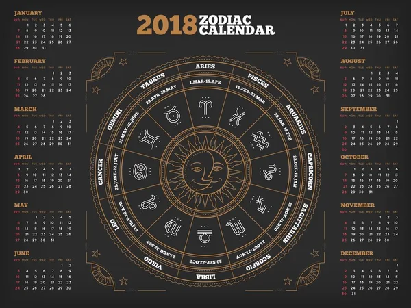 Círculo del zodíaco 2018 año calendario cartel vector ilustración — Archivo Imágenes Vectoriales