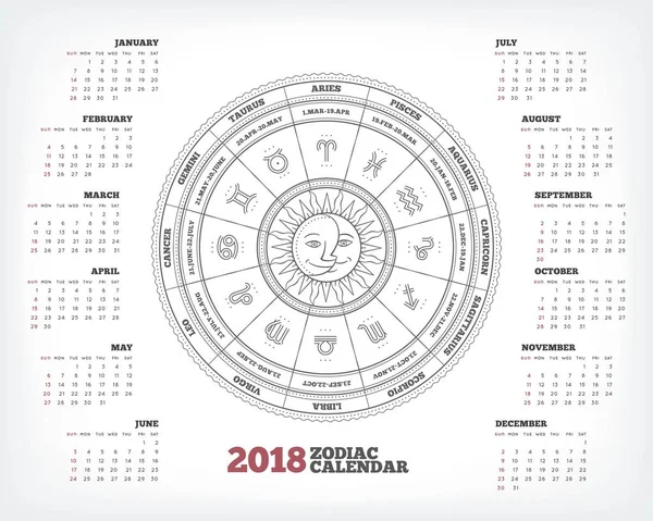 Zodiac έτος 2018 κύκλο ημερολόγιο αφίσα εικονογράφηση φορέα — Διανυσματικό Αρχείο