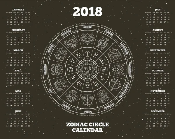 Círculo del zodíaco 2018 año calendario cartel vector ilustración — Vector de stock