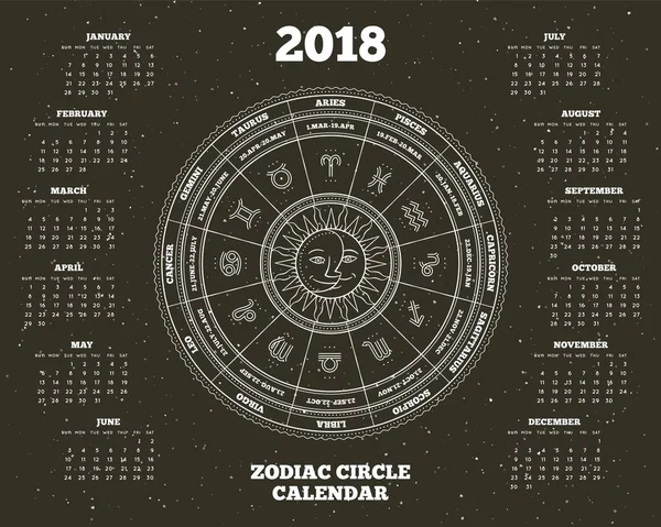 Cerchio zodiacale 2018 anno calendario poster vettoriale illustrazione — Vettoriale Stock