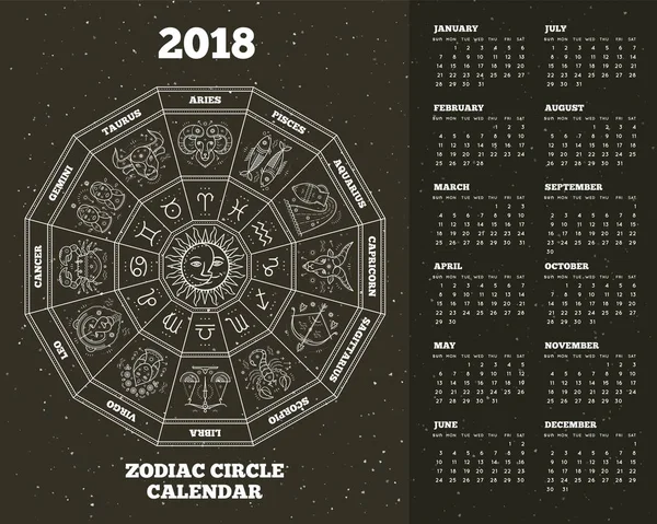 Zodiac έτος 2018 κύκλο ημερολόγιο αφίσα εικονογράφηση φορέα — Διανυσματικό Αρχείο