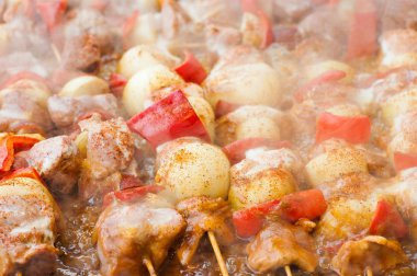 Mangal şiş kebap ile et, kırmızı biber, domates ve kabak