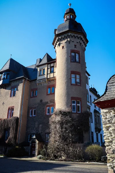 Canto Castelo Namedy Contra Céu Azul Dia Quente Inverno Andernach — Fotografia de Stock