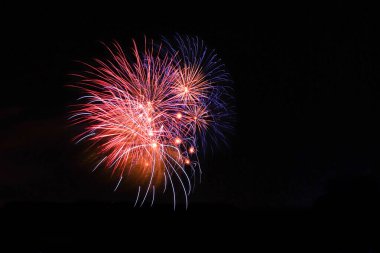 Almanya 'nın Koblenz kentindeki bir etkinlikte siyah gökyüzüne karşı renkli kırmızı ve mavi havai fişekler.