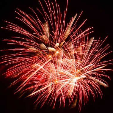 Bermany, Koblenz 'de düzenlenen yıllık etkinlikte siyah bir gökyüzüne karşı büyük bir kırmızı havai fişek patlaması..