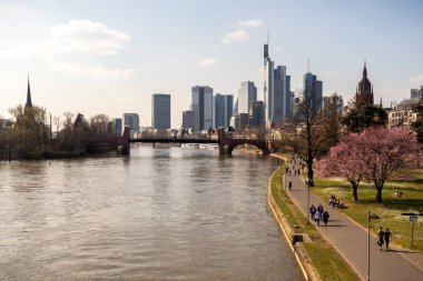 Kışın sonundan ve ilkbaharın başlangıcından keyif alan insanlar Frankfurt 'taki ana nehrin yanındaki parkta, Germay COVIID-19 korkularına rağmen.