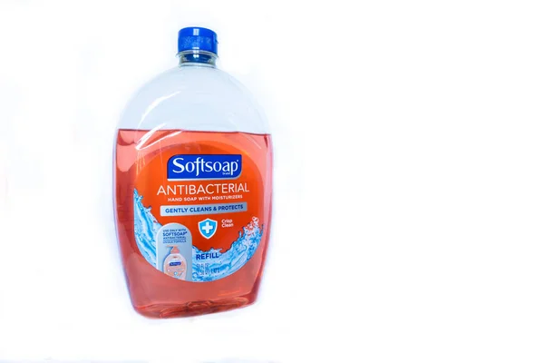 Påfyll Flasken Med Antibakteriell Håndsåpe Mot Hvit Bakgrunn – stockfoto