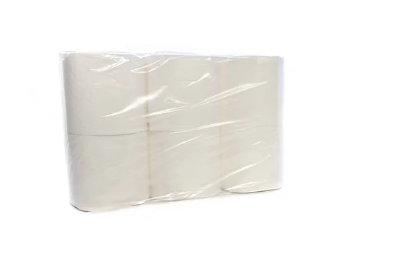 Zes Rollen Toiletpapier Een Verpakking Verzegeld Met Plastic Tegen Een — Stockfoto