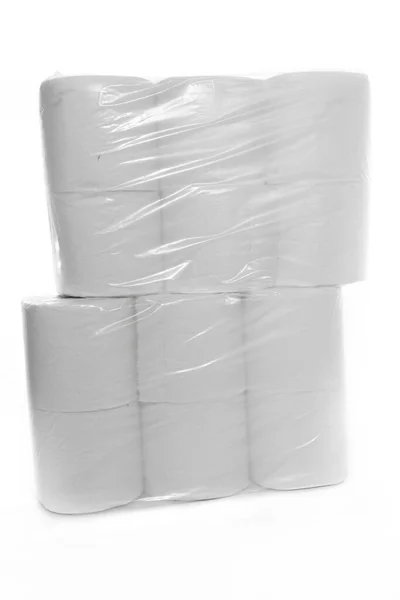 Two Packs Toilet Paper Stacked Top Each Other White Background — Stock Photo, Image