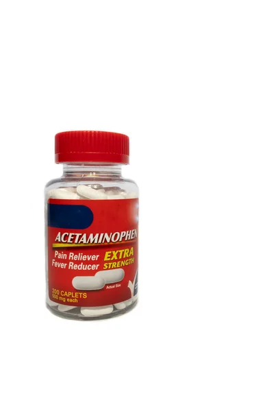 Red Acetaminophen Bottle Full Pills White Background — Stock Photo, Image