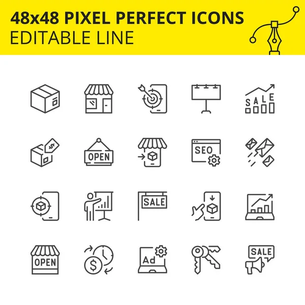 ショッピング 注文などを含むマーケットプレイスおよび小売店の編集可能なアイコン Pixel Perfect 48X48 Scaled Vector Set — ストックベクタ