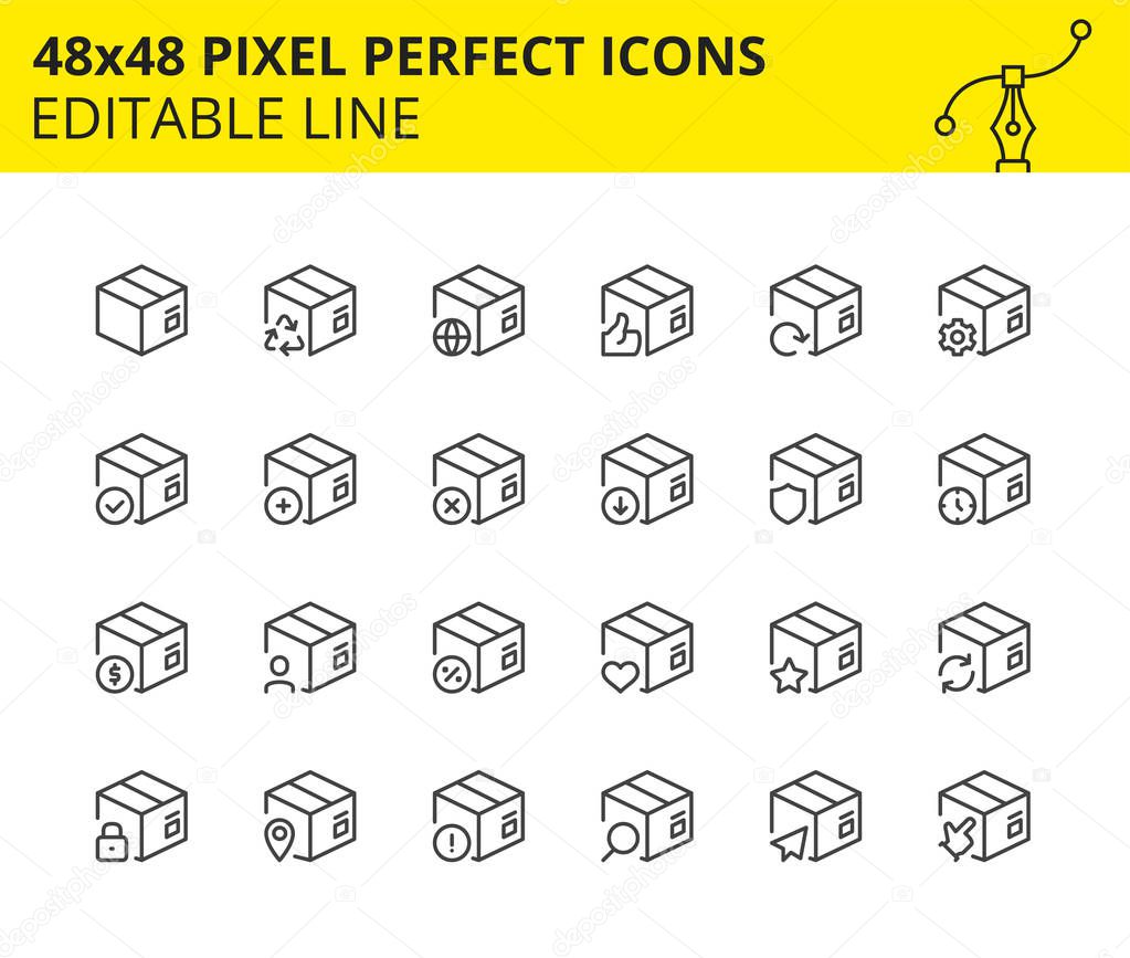 Scaled Icons of Package and Delivery boxes. Editable Set 48x48. Vector.